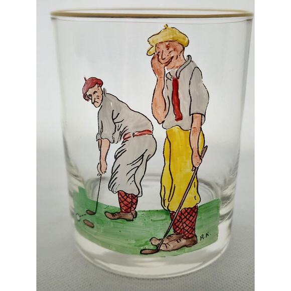 GLASSES-OLD FASHION-Cartoon Golfers-Gold Rim-Set of 3-SIGNED BY ARTIST - Picture 4 of 13